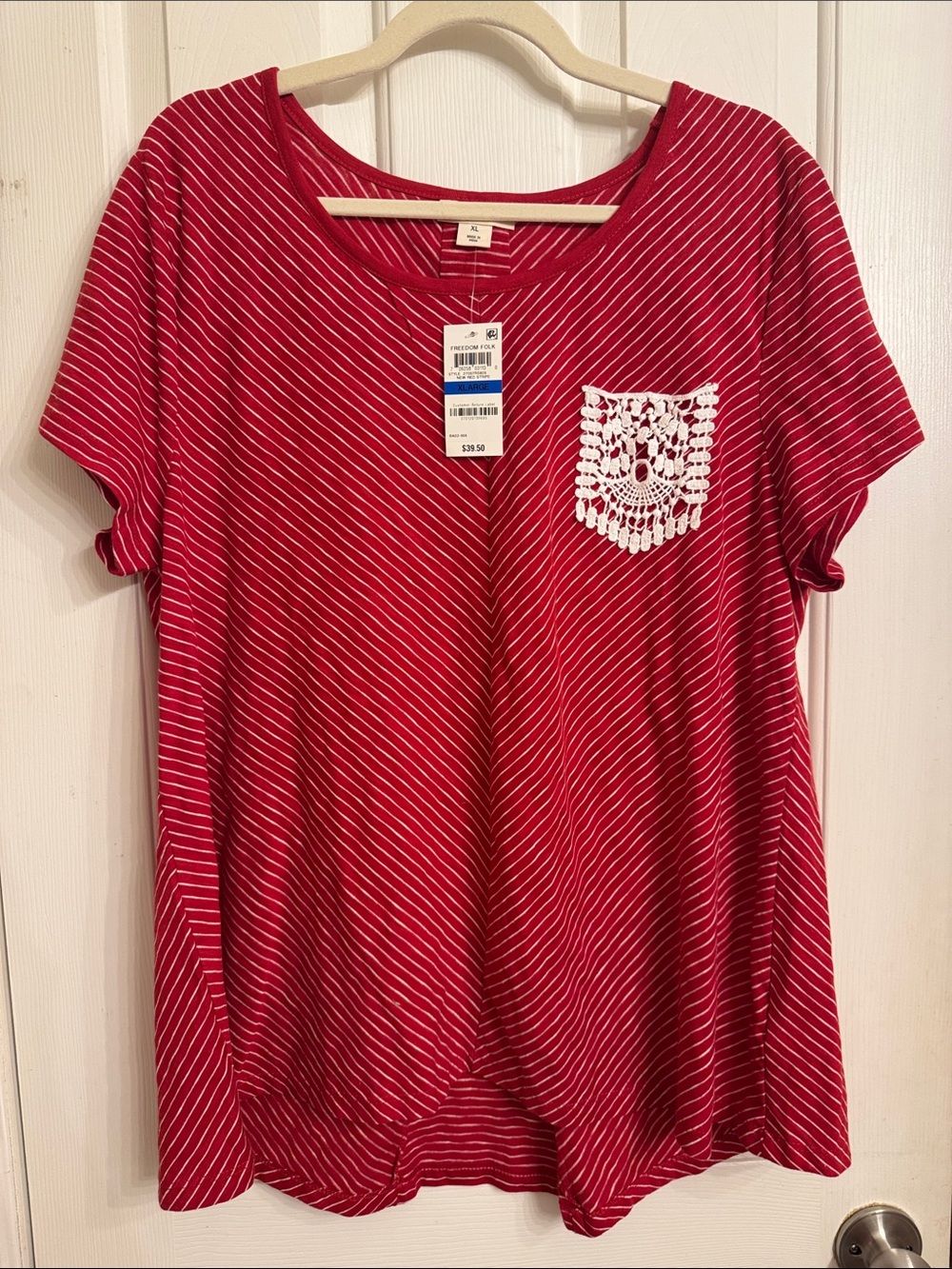 Style & Co. Red & White Striped Short Sleeve Tee with Crochet Pocket